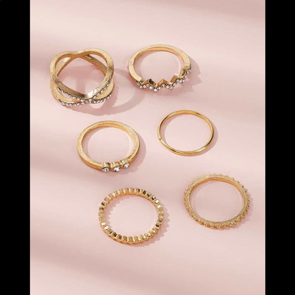 6pc Gold Rhinestone Decor Chevron Rings - Picture 2 of 2